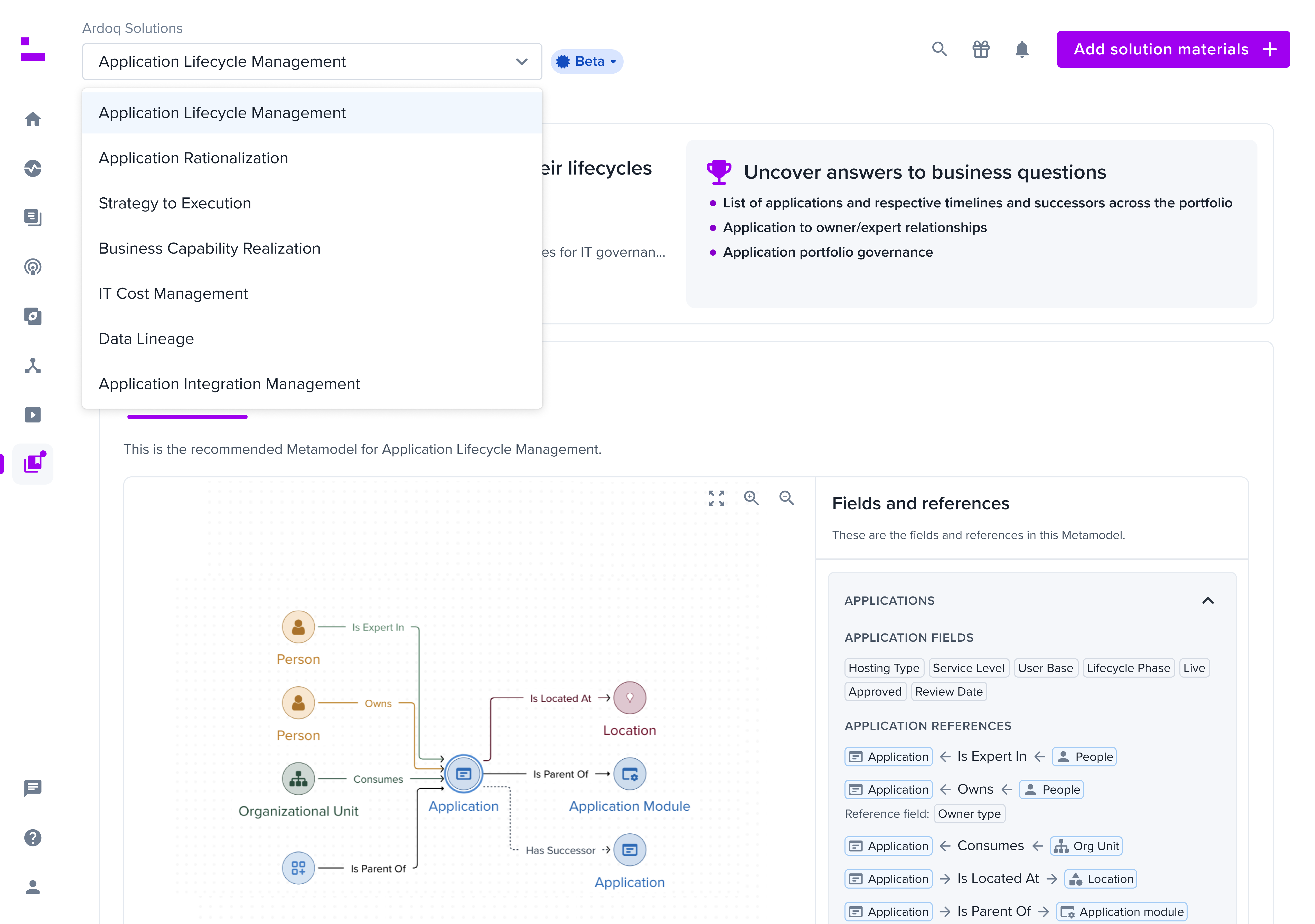 Ardoq Solutions_ Application Lifecycle Management (ALM) preview page with open sidebar